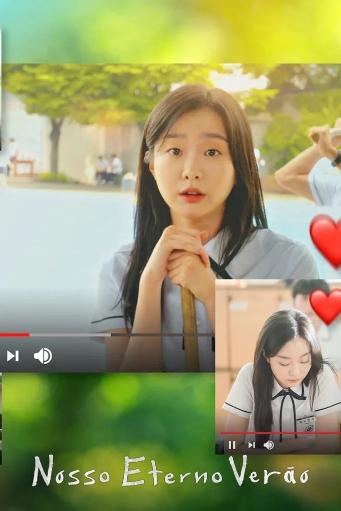 Cena do dorama coreano Nosso Eterno Verão (Our Beloved Summer) mostrando a protagonista em ambiente escolar, representando a história romântica leve sobre jovens que se reencontram anos após o término do relacionamento.