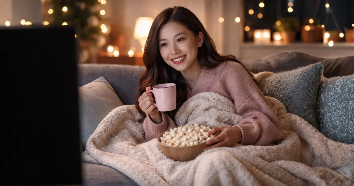Jovem assistindo dorama no sofá com coberta quentinha enquanto maratona k dramas românticos em casa à noite.
