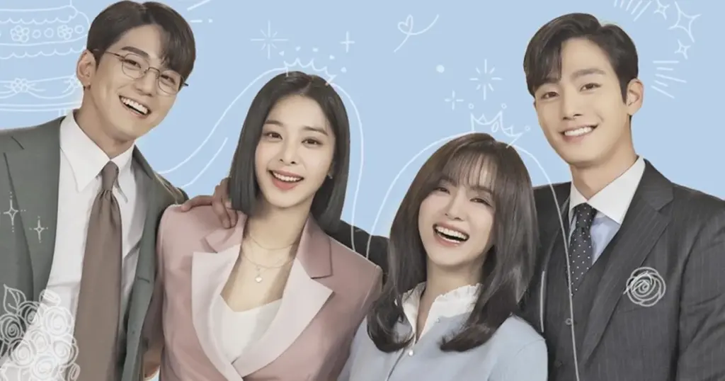 Elenco principal do k-drama Pretendente Surpresa (Business Proposal) sorrindo: Kim Min-kyu, Seol In-ah, Kim Se-jeong e Ahn Hyo-seop.