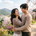 Casal de dorama sorrindo e se abraçando em um parque com cerejeiras em flor ao fundo na Coreia do Sul.