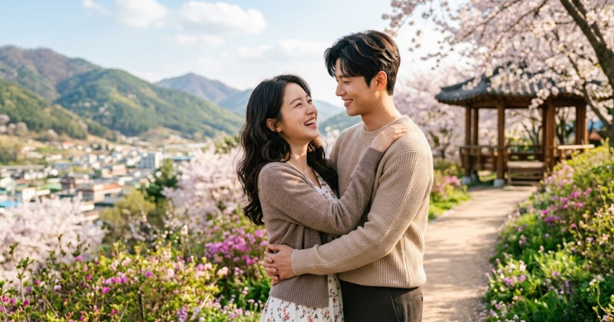 Casal de dorama sorrindo e se abraçando em um parque com cerejeiras em flor ao fundo na Coreia do Sul.